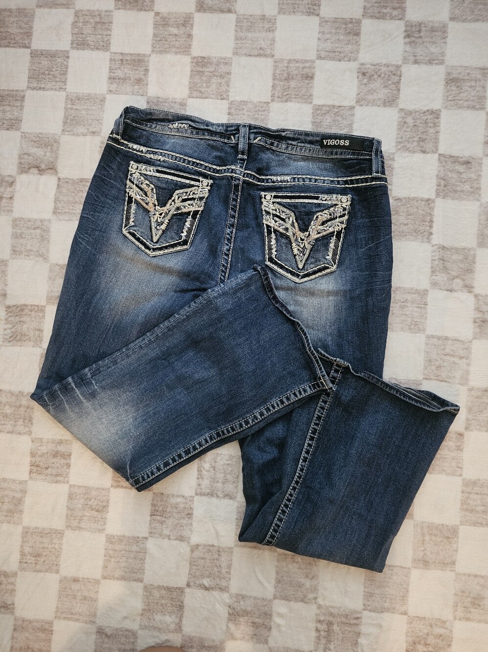 Vigoss Women's Dark Blue Bootcut Jeans with Embroidered Pockets Size 18